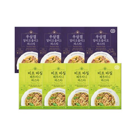(m)쉐프스토리 파스타 2종 8팩 (우삼겹 알리오올리오 4팩 + 비프 바질 페투치니 파스타 4팩)