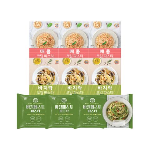 [삼성5%할인](m) 쉐프스토리 파스타 3종, 총 9팩 (매콤크림 3팩 + 바지락오일 3팩 + 바질페스토 3팩)