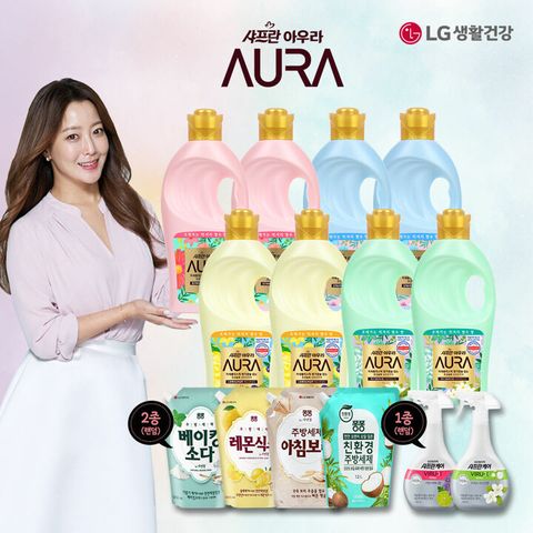 샤프란 아우라 섬유유연제(1Lx8개)+주방세제(1200mlx2개)+바이럭스 탈취제500ml.