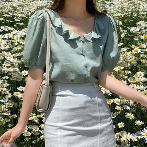 [AKMALL]여자 프릴 라운드 린넨 러브릴 블라우스