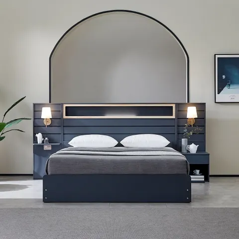 [베디스] 호텔식 피렌체 편백아트월 LED조명 평상형 침대프레임 Q/K