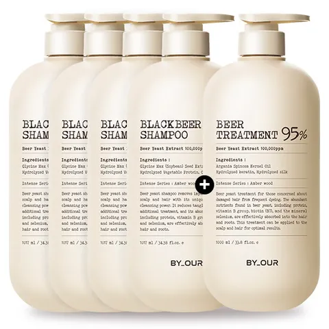 ★총 5L 이상★[맥주효모짐승용량샴푸]바이아우어 대용량 블랙비어 탈모샴푸1,017ml * 4개 + 트리트먼트 1,000ml * 1개