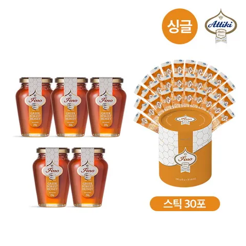 [미리주문][싱글]아티키 그릭 피노 포레스트 허니 5병+ 스틱형 1통(250g*5병+8g*30개*1통 , 총 1,490g)