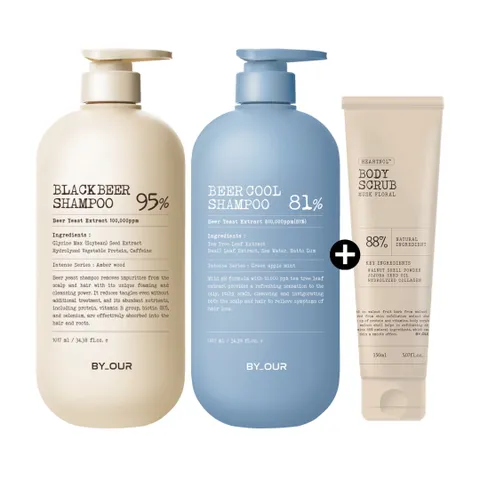 [엘라이브 헤어바디3종 샴푸세트] 바이아우어 쿨 탈모 샴푸 1,017ml * 1개 + 블랙비어 이스트 샴푸 1,017ml * 1개 + 바디스크럽 150ml * 1개