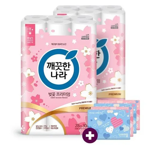깨끗한나라 벚꽃 프리미엄 벚꽃향 3겹 화장지 28m 30롤 2팩 +여행용티슈 40매 4개