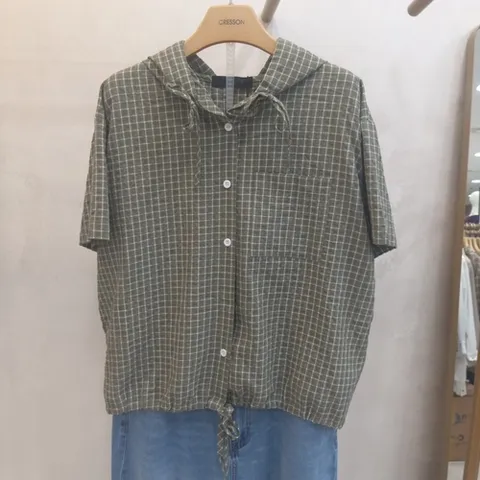 크레송 후드 체크 오버핏블라우스NFCFBP04DG