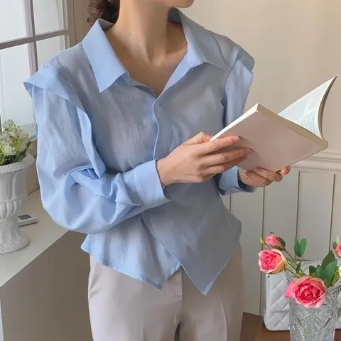 셀러허브 패션 실키 하늘색 살랑 랩셔츠 트럼펫 블라우스_5 (49447607)