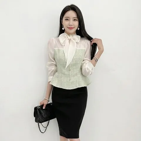 금찌 글램 유즈미 리본 트위드 블라우스 ST8022B