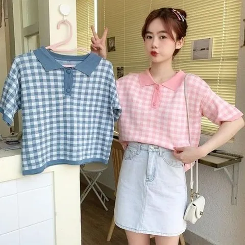 셀러허브 1 상큼 격자 체크 카라 세미 크롭 반팔 티셔츠 (33502738)
