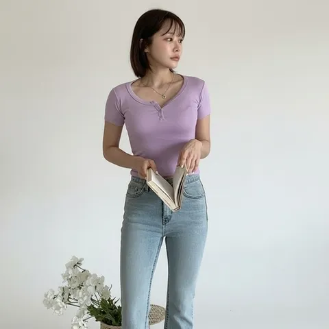 신상오픈런 |KHTA5DF|여성 라운드넥 버튼 슬림핏 세미 크롭 반팔 티셔츠
