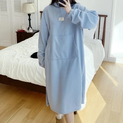 셀러허브 패션 여자 패치 포인트 후드 캥거루 롱 무지 원피스_3