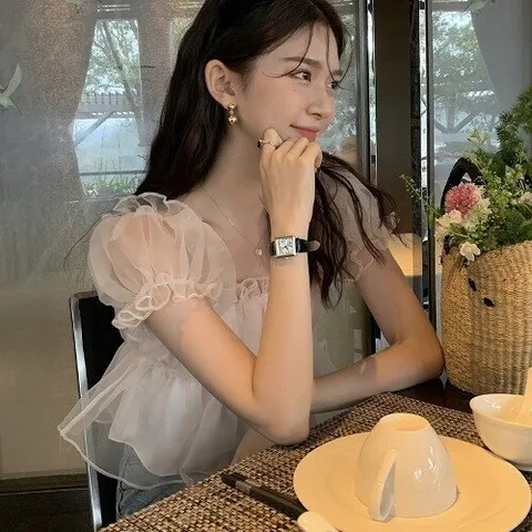 제이0 제이0]볼륨 망사 크롭 긴팔 블라우스