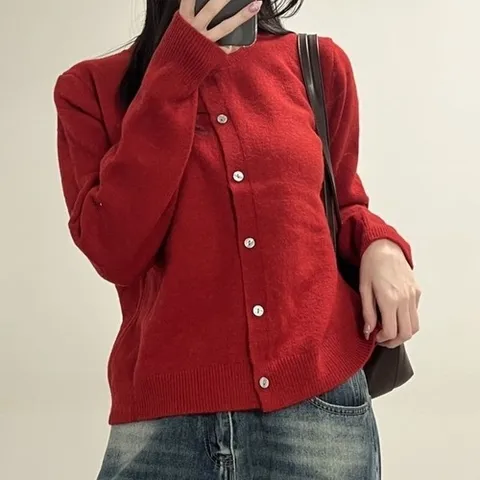 옷자락 여자 빨간니트 8컬러 라운드 울 데일리룩 기본 가디건_P413544114
