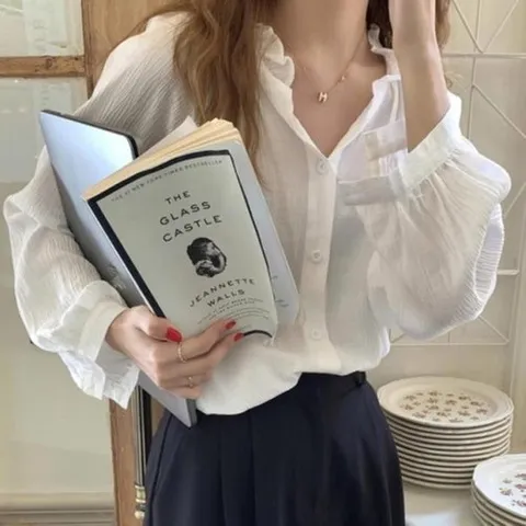 셀러허브 패션 여자 프렌치 프릴넥 시스루 블랙 블라우스 (23725315)