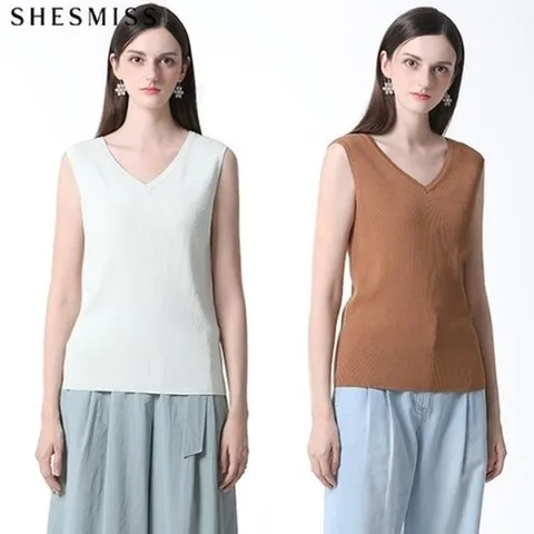 쉬즈미스 V넥 슬리브리스 니트 탑_P368279295