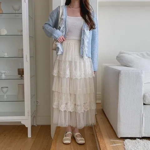 옷자락 여자 오버핏 꽃무늬 펀칭 캉캉 레이스 롱 원피스_P387215237