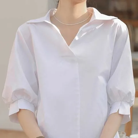 기타 여성블라우스 카라 브이 트임 브이넥 뒷 단추 블라우스 여성 반팔