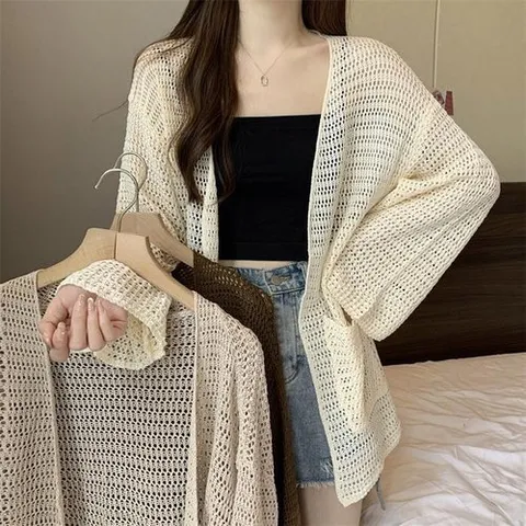 셀러허브 패션 노버튼 짜임 펀칭 비치 바캉스 통기성 가디건 여성 (36386190)