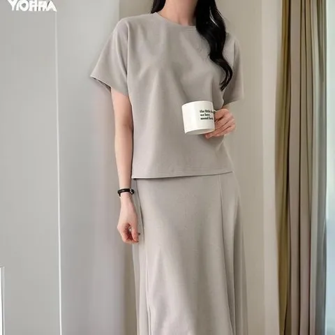 셀러허브 패션 여자 롱스커트 앞트임 절개 기본반팔티 세트