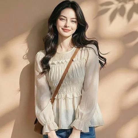 디에이치 렐 러플 셔링 블라우스_P418372523