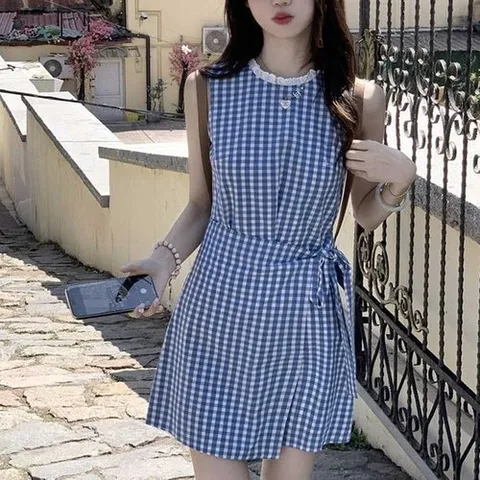 셀러허브 1 [HYIJQQZB_4B]레이스넥 블루 체크 리본포인트 원피스 숏 (24938634)