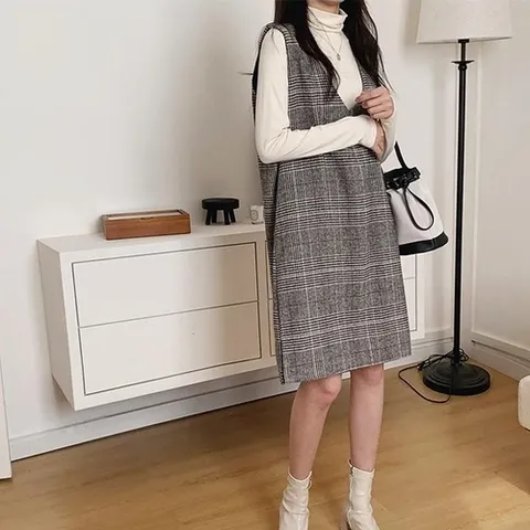 기타 민소매 체크 단정한원피스 원피스 H라인 (HSJ-WF55112)
