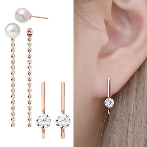 미니아트 14K 금침 큐빅 스틱 체인 드롭 진주 귀걸이 2종 택1