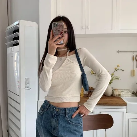 시크블랙 메루스 골지 스트랩 오프숄더 긴팔티