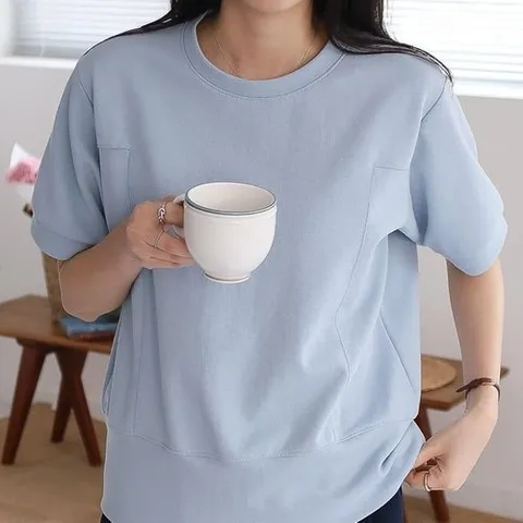 옷자락 여자 하늘 분홍 라운드 뒷트임 여름반팔 심플 티셔츠_P390148010
