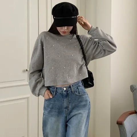시크블랙 페론티 라운드넥 진주 세미크롭 오버 맨투맨