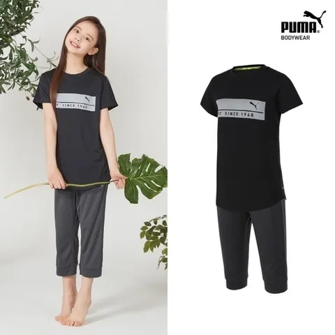 푸마키즈 푸마] 주니어 여아 홈웨어 상하의 블랙 멜란지그레이 세트
