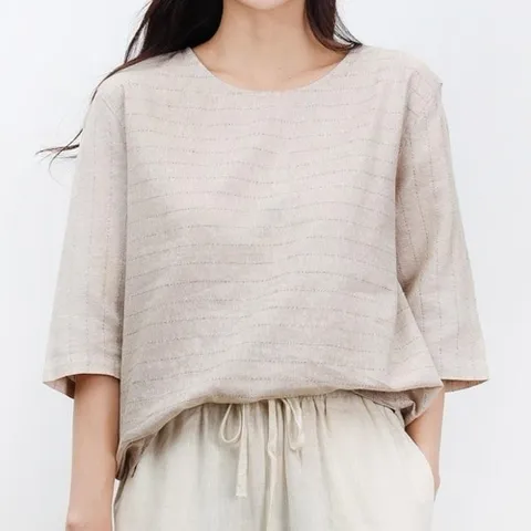 셀러허브 패션 [리더스] 여자 줄무늬 단가라 린넨 반팔 티셔츠 블라우스