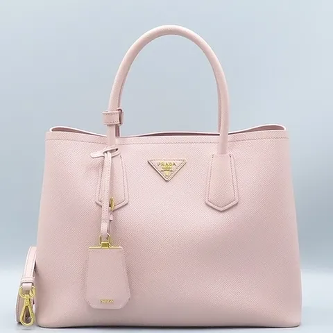 프라다 중고명품 Prada(프라다) 1BG887 핑크 사피아노 두블레 금장 삼각 로고 장식 토트백 + 숄더 스트랩 2WAY