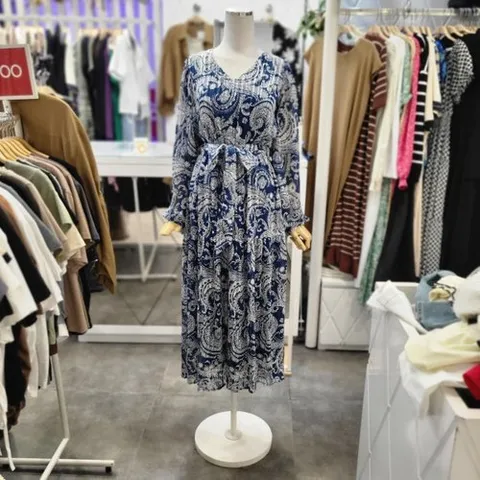 밸리걸 패턴 브이넥 쉬폰 롱원피스 911430