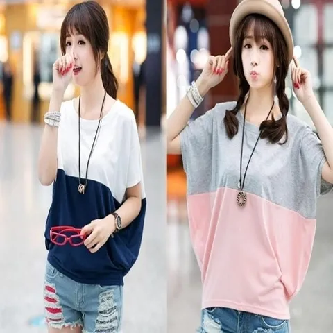 셀러허브 패션 [드림HS몰] S, 여성 여름 배색 가오리 반팔 티셔츠