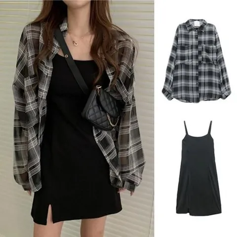 셀러허브 패션 [QN1014Z9_55]원피스 체크 원피스가디건세트 셔츠 HH-B70