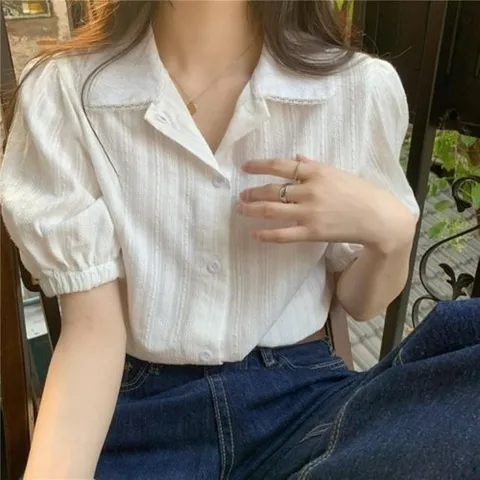 신상오픈런 여자 오픈 카라 밴딩 퍼프 소매 스트라이프 블라우스