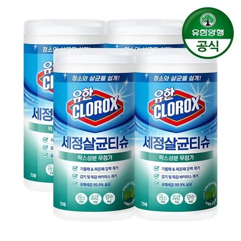 유한양행 유한락스 세정살균티슈 후레쉬 센트 75매 4개