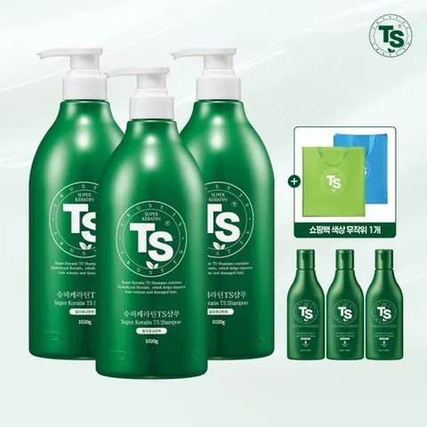 TS 슈퍼케라틴TS샴푸 1,020g*3개+슈퍼케라틴TS샴푸 100g*3+부직포쇼핑백1개(색상랜덤)