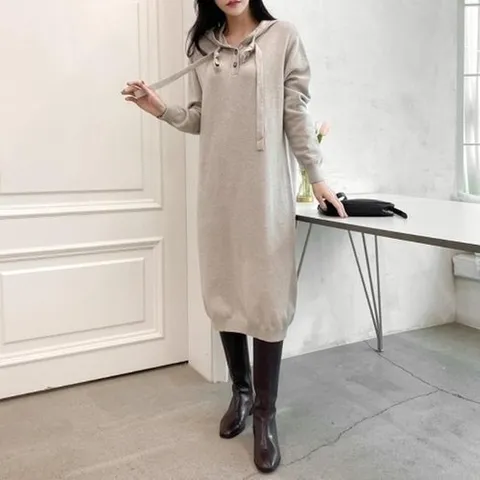 신상오픈런 CDO44C7디로그 여성 긴 후디 원피스 미니멀 버튼 플레인 스웨터18171386597559