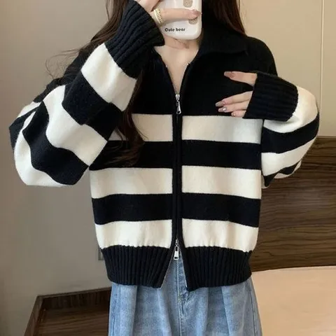 셀러허브 1 [RGL66558]여성 투웨이 집업 카라 가디건 스트라이프