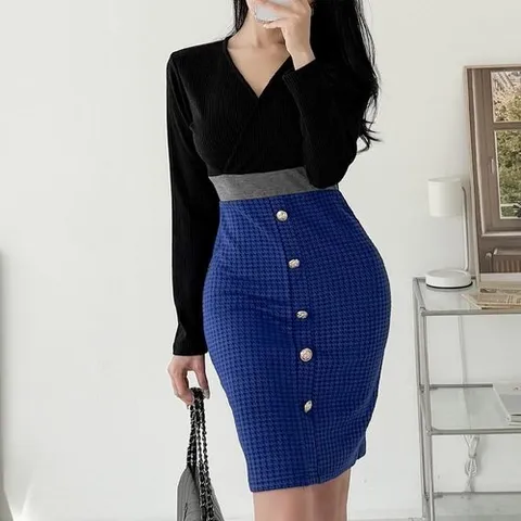 신상오픈런 클리비지 브이넥 골지 하이웨이스트스커트 원피스