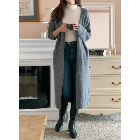스타일나 여성 루즈핏 폭스 라쿤 니트 롱 가디건 카디건 아우터