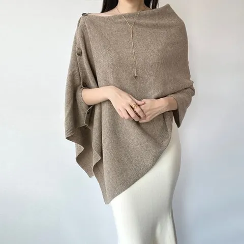 나인포시즌 민뉴 여성 가을 겨울 홀가먼트 울니트 언발 판쵸 니트 망토 가디건 단추 레이어드 어깨 니트숄_P330836410