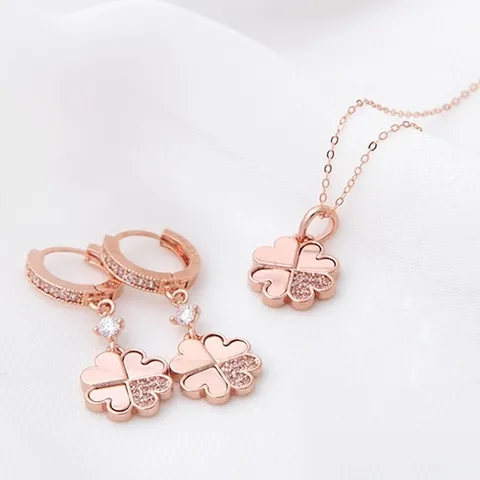 미니아트 마샹스 14K 로즈골드 클로버 목걸이 귀걸이 주얼리 세트_45cm