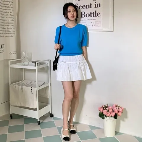 신상오픈런 |KHTA63D|여성 라운드넥 세미 크롭 아방핏 면 반팔 니트
