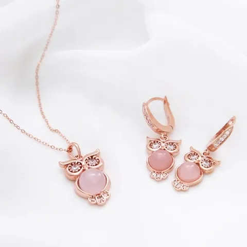 미니아트 로즈부엉이 14K 로즈골드 목걸이 귀걸이 주얼리 세트_45cm