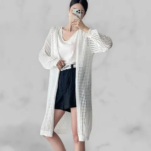 옷자락 여자 펀칭 피서룩 커버업 여름긴팔 롱가디건_P395704085