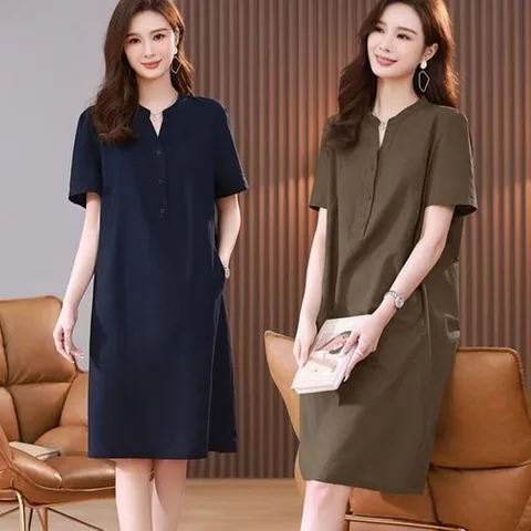 셀러허브 패션 여자 브이넥 시원한 소재 반팔 원피스 URK_492