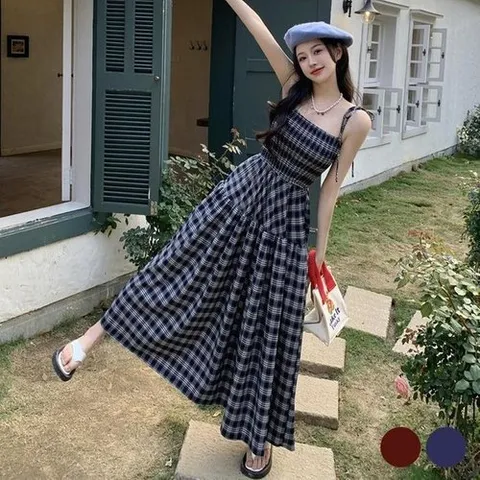 셀러허브 1 체크 패턴 튜브탑 느낌 여성 A라인 민소매 롱 원피스